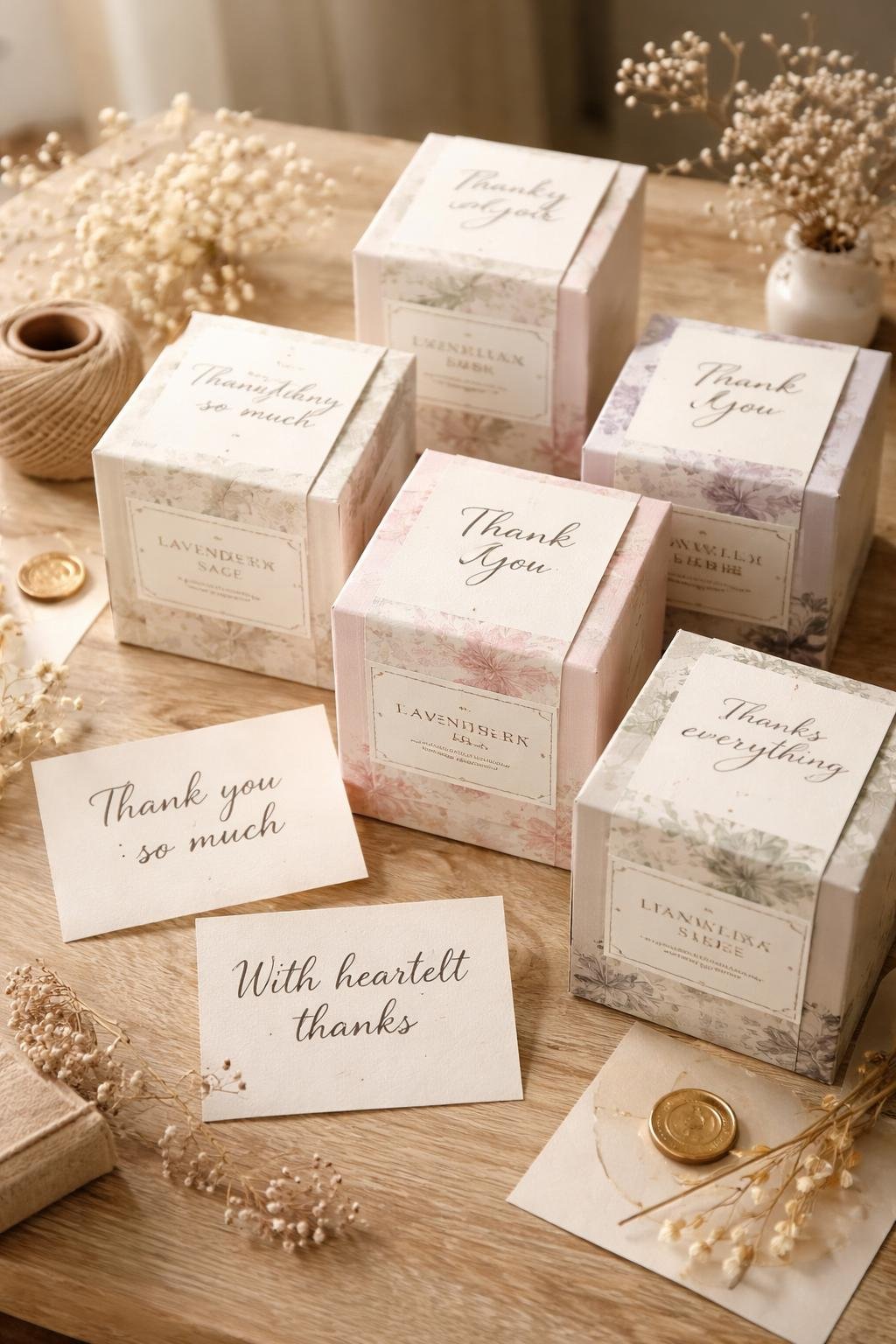 A collection of personalized candle boxes with handwritten thank-you notes arranged on a wooden surface with decorative dried flowers and twine.