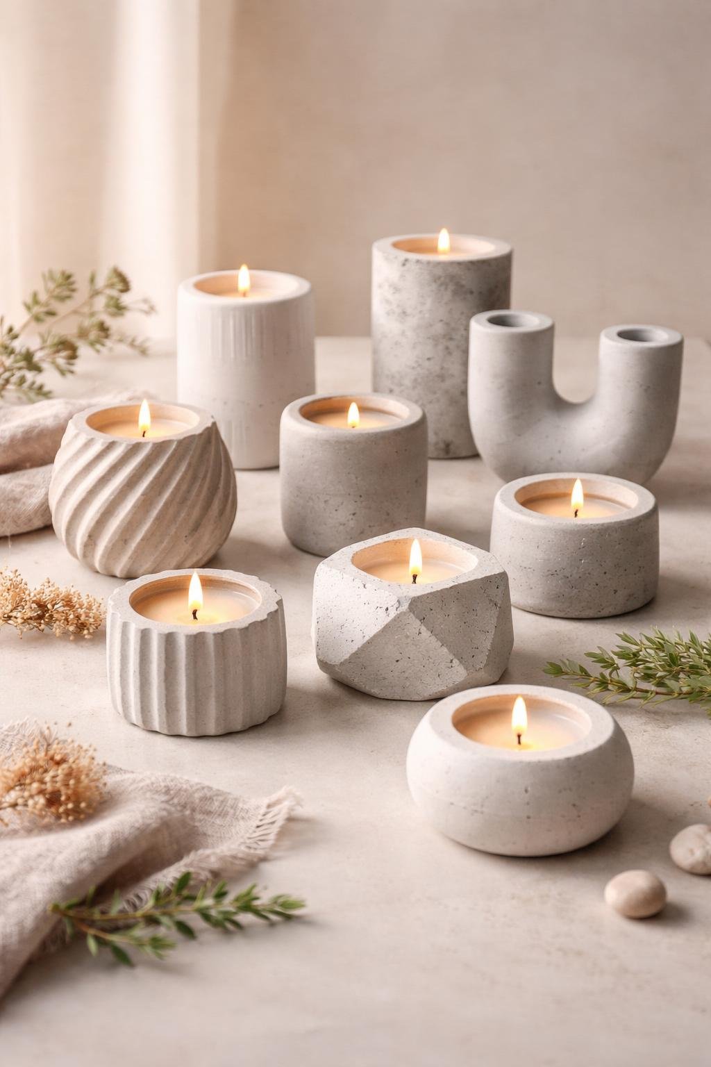 A collection of uniquely shaped concrete candle jars glowing softly on a neutral surface with small decorative greenery around them.