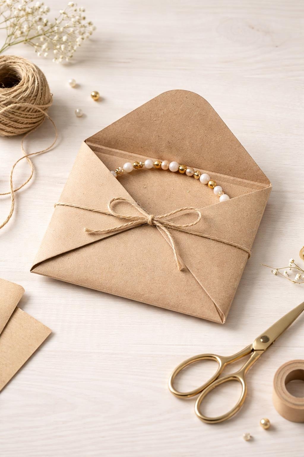 An upcycled bracelet box folded into a gift envelope with a beaded bracelet inside, placed on a light surface with crafting materials around.