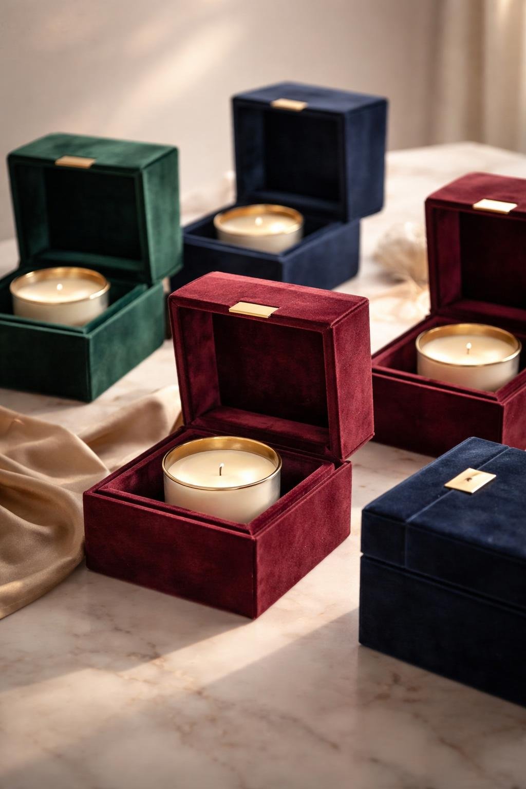 An arrangement of velvet-lined luxury candle gift boxes with scented candles inside, displayed on a clean surface.