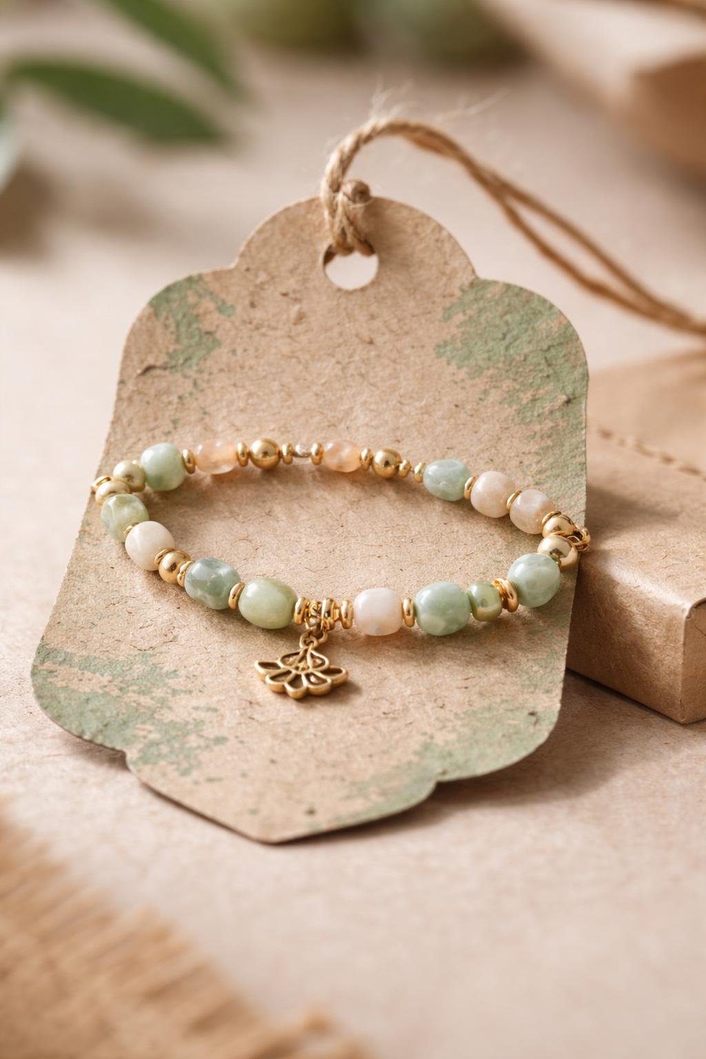 Close-up of a handmade bracelet placed on a custom gift tag made from recycled packaging material.