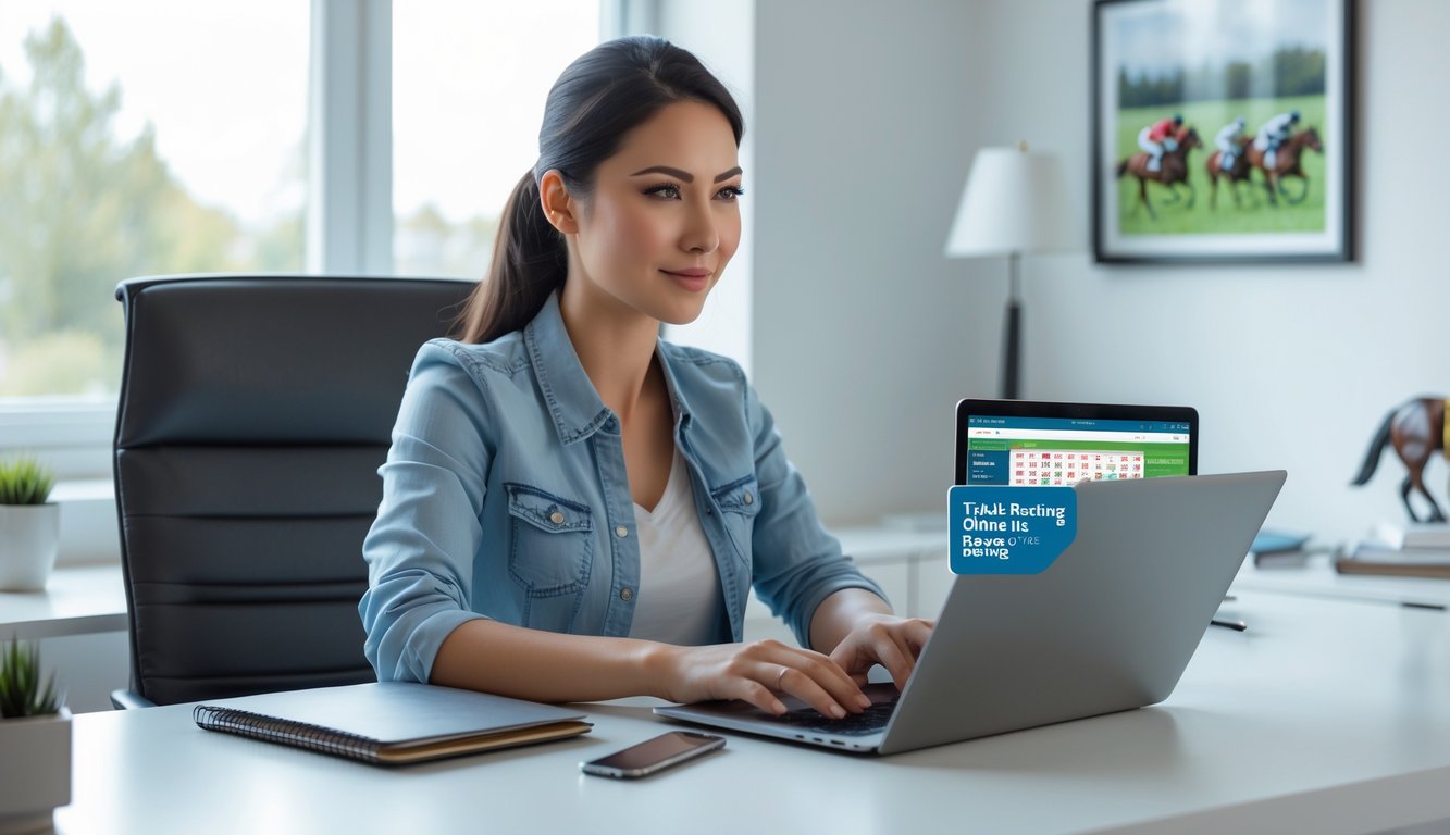 Seorang wanita muda duduk di meja dengan laptop terbuka, fokus mendaftar dan belajar strategi judi kuda online di ruang kerja yang terang dan rapi.