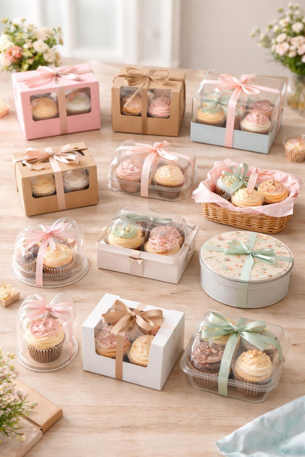 Twelve different cute cupcake packaging designs displayed on a wooden table with cupcakes inside, surrounded by flowers and baking tools.
