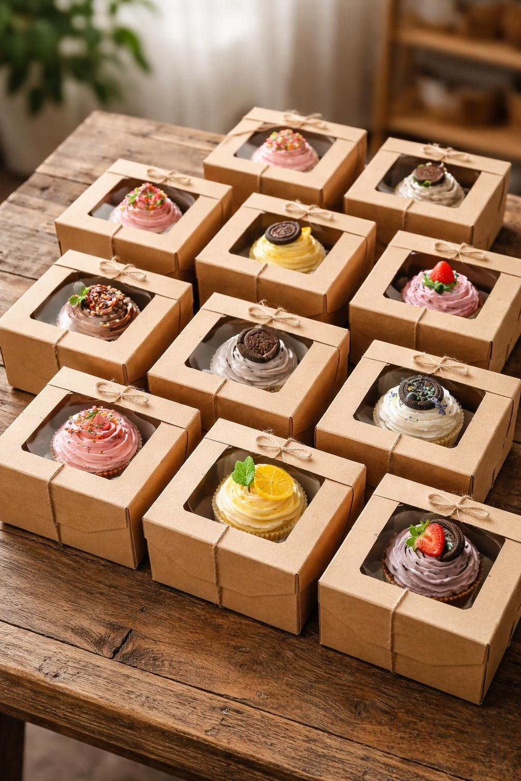 Twelve clear window kraft cupcake boxes arranged on a wooden table, each containing a decorated cupcake with colorful frosting and toppings.