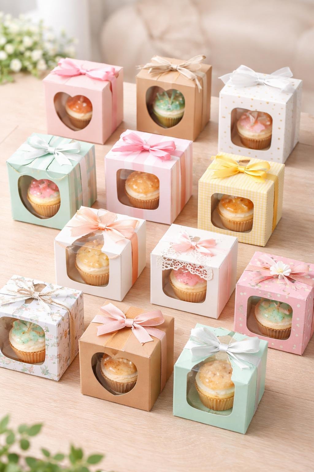 A collection of twelve single cupcake boxes with inserts, each holding a decorated cupcake, arranged on a wooden surface.
