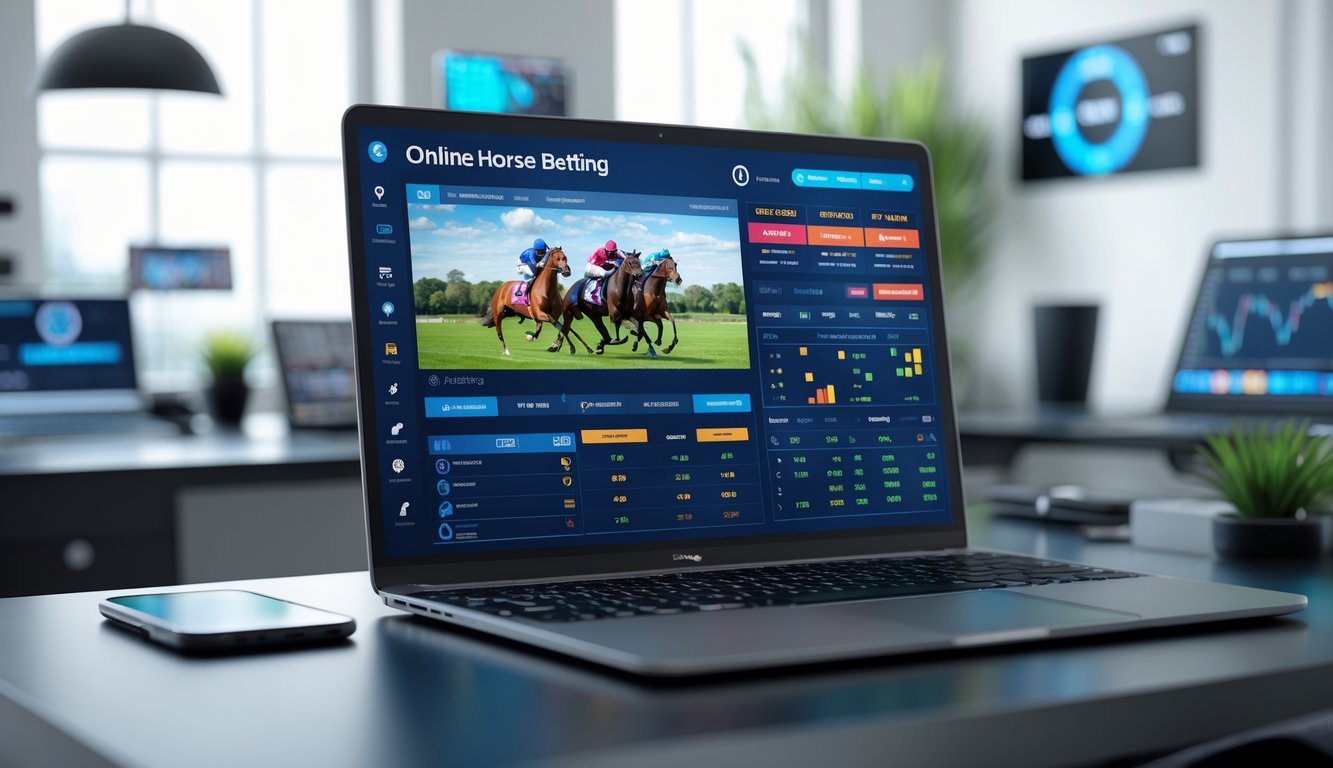 Seorang pria menggunakan komputer dengan tampilan grafik pacuan kuda dan taruhan online di ruang kerja modern.