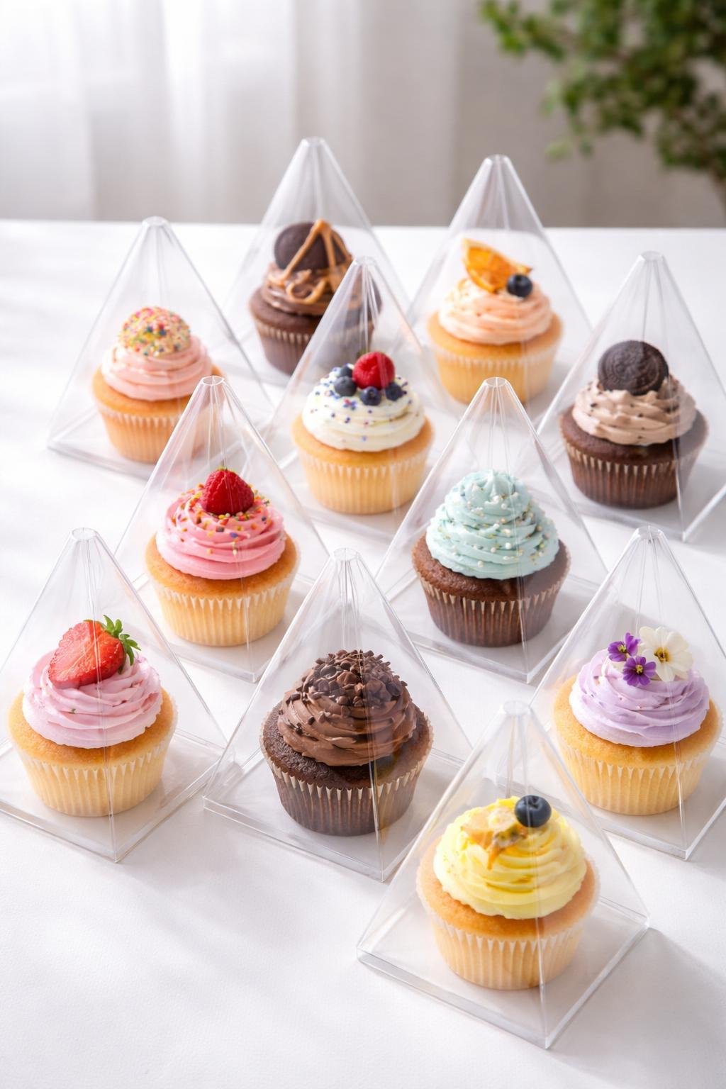 Twelve transparent pyramid-shaped boxes each containing a decorated cupcake arranged on a white surface.