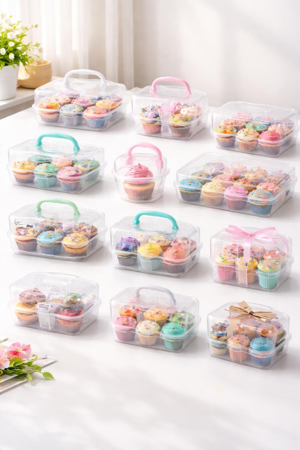 A collection of reusable plastic cupcake carriers holding colorful decorated cupcakes arranged on a bright surface.