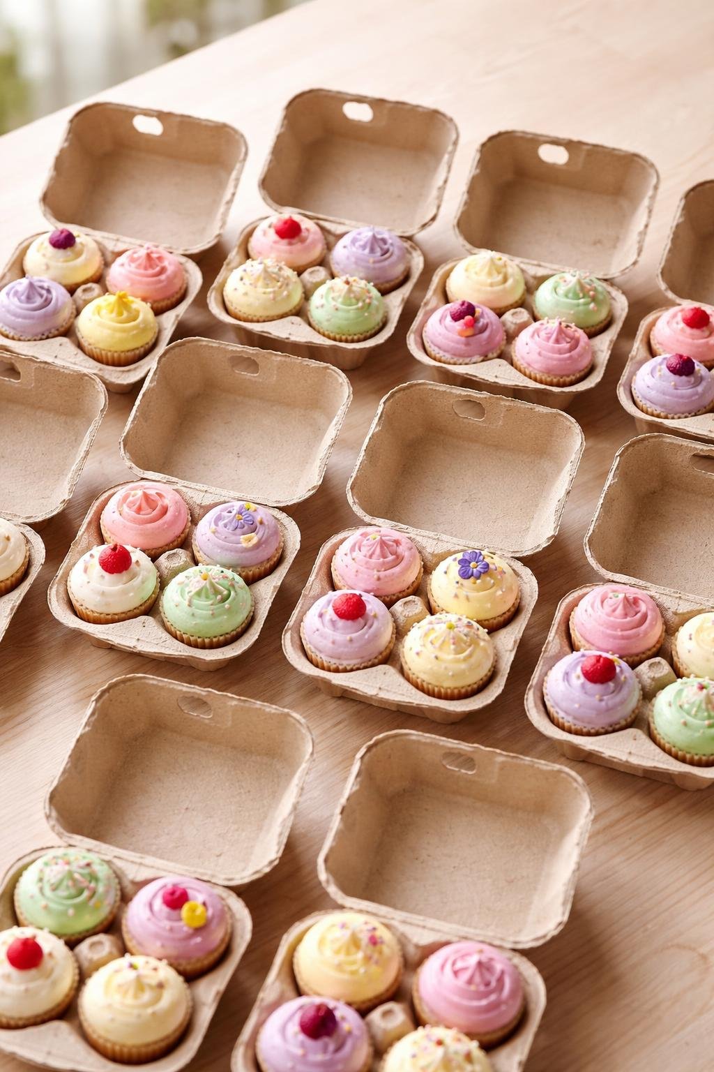 Twelve mini cupcakes in open egg carton boxes displayed on a wooden surface.