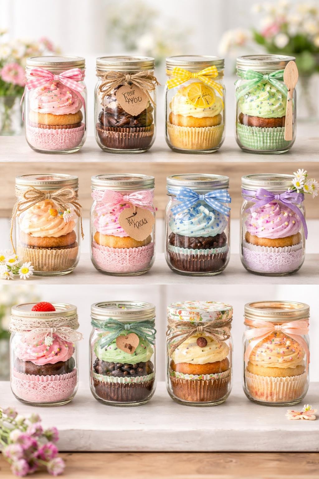 Twelve cupcakes creatively packaged in glass mason jars with colorful ribbons and decorations arranged on a wooden surface.