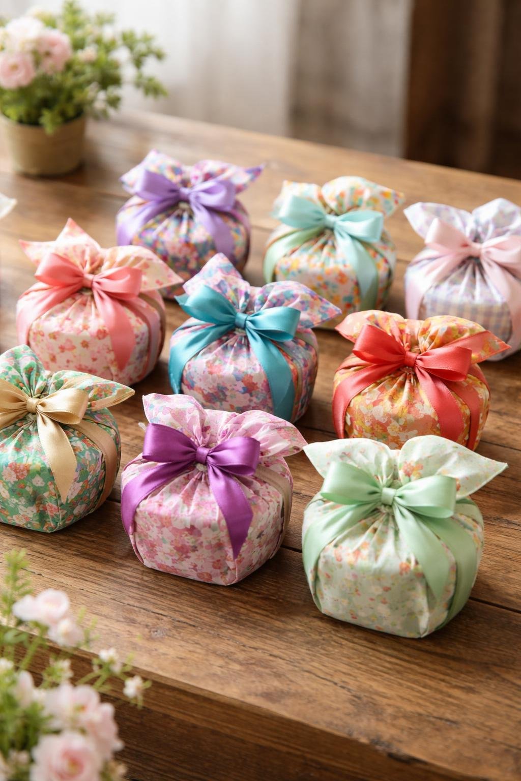 Twelve cupcakes wrapped individually in colorful fabric with ribbons, arranged on a wooden surface.