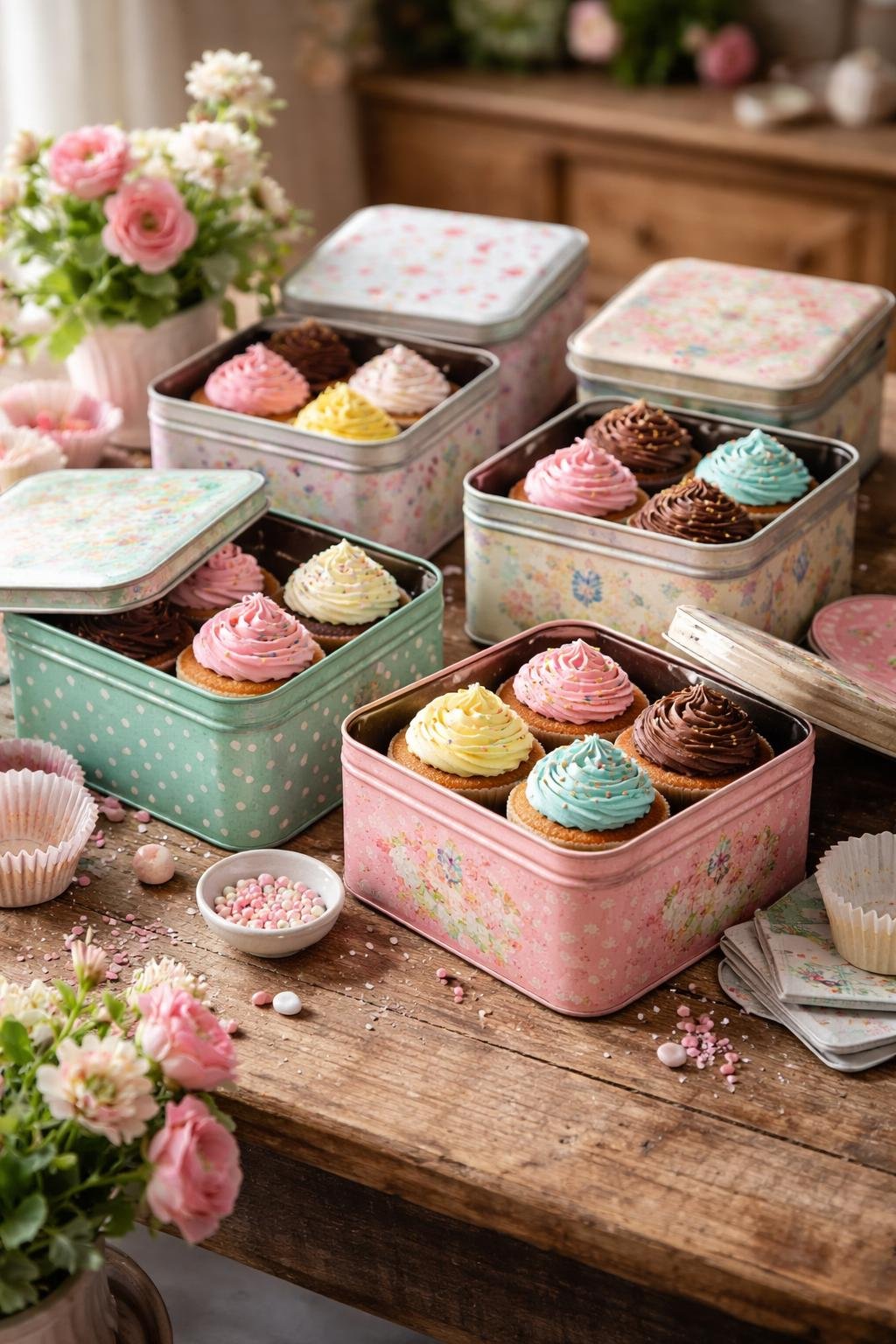 A collection of vintage metal tins filled with decorated cupcakes arranged on a wooden table with flowers and baking utensils nearby.