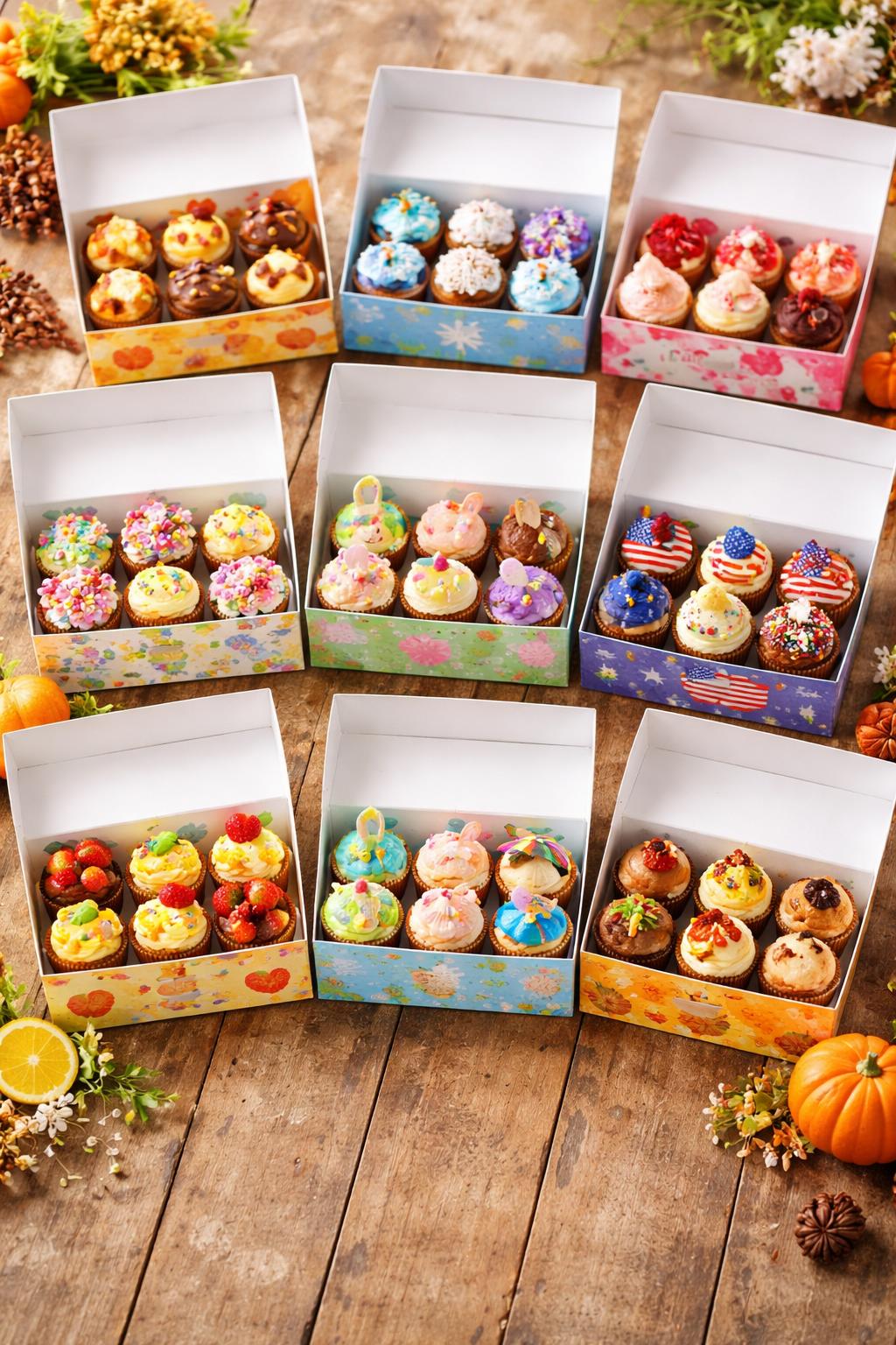 Twelve different seasonal cupcake boxes arranged on a wooden table, each open to show decorated cupcakes inside with seasonal decorations around them.