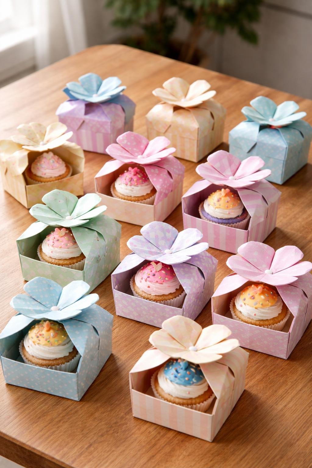 A collection of 12 origami folded paper cupcake boxes with cupcakes inside, arranged on a wooden table.