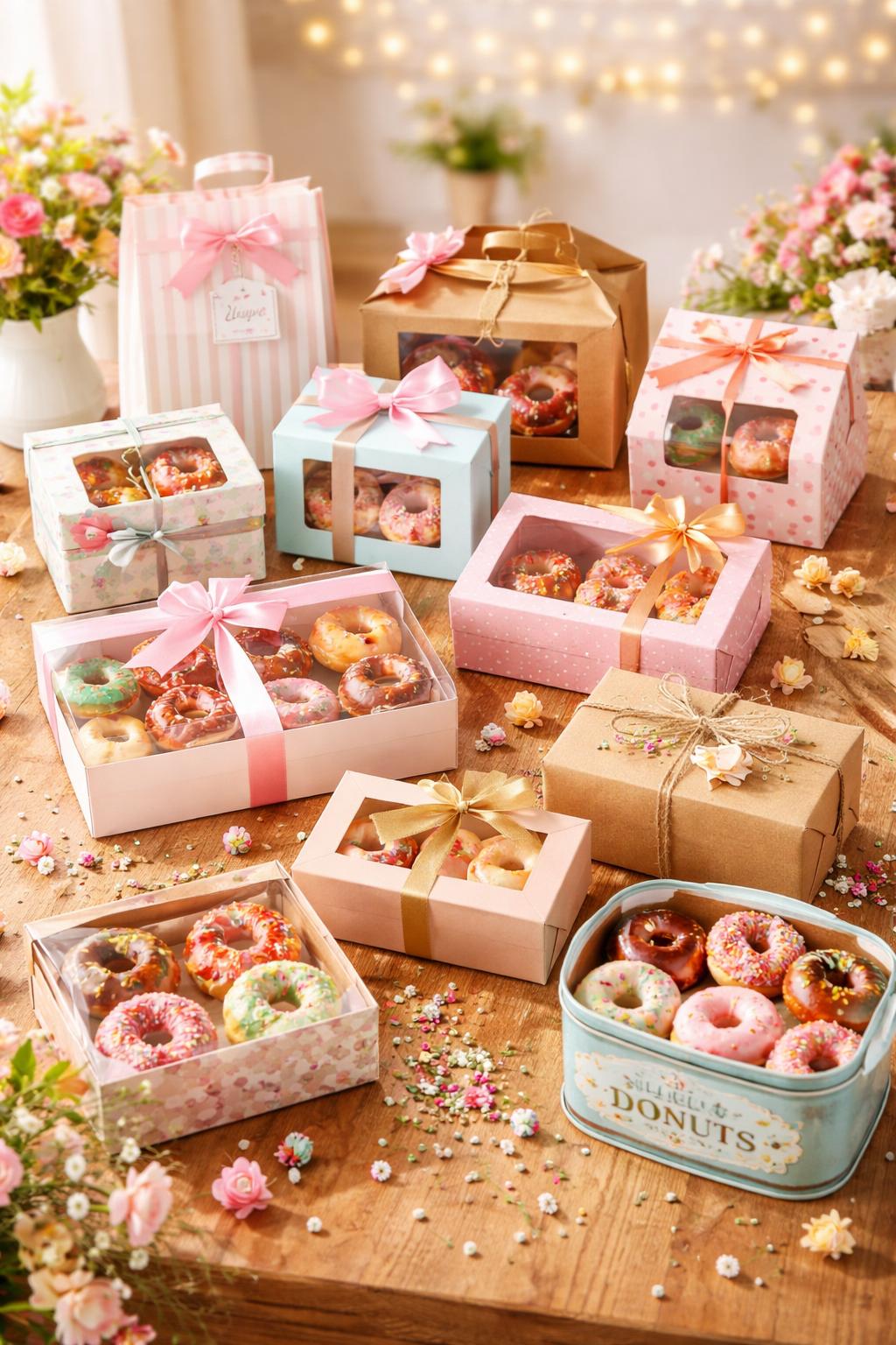 A variety of colorful and creative donut packages arranged on a table, each containing decorated donuts for parties and gifts.