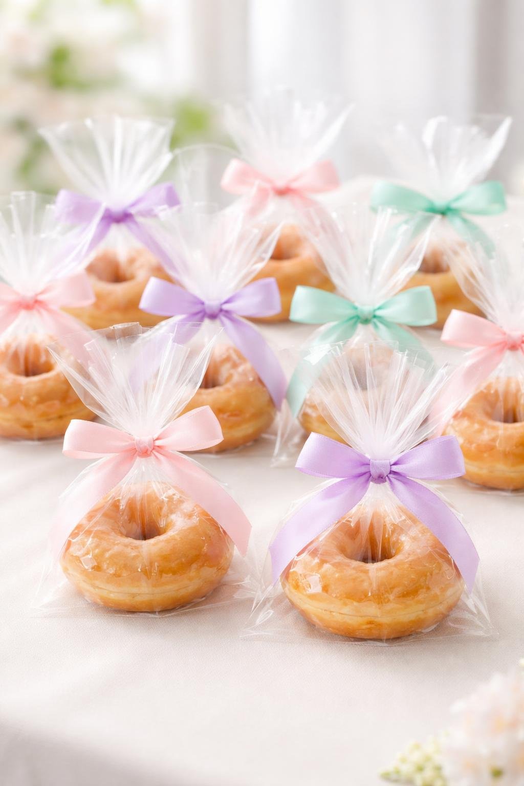 Clear cellophane bags containing glazed donuts tied with pastel satin ribbons arranged on a light surface.