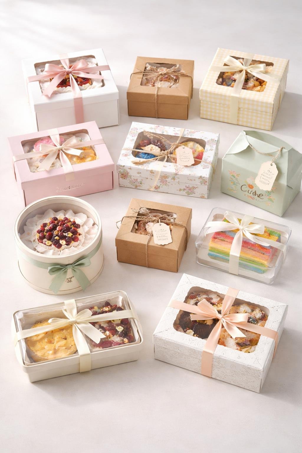 Eleven different cake packaging designs arranged neatly on a light surface, each containing a cake or pastry inside.