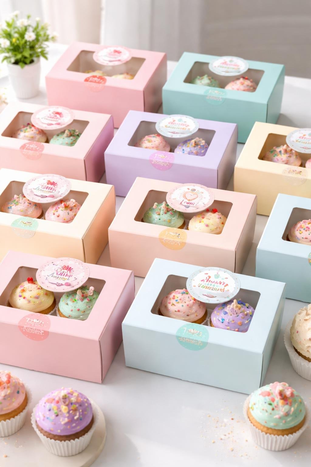 A collection of pastel-colored cupcake boxes sealed with colorful custom stickers, each containing decorated cupcakes arranged neatly on a white surface.