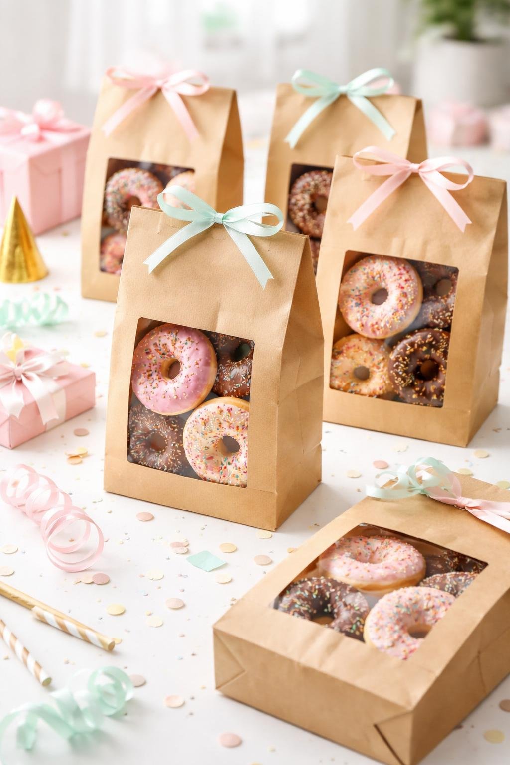 Kraft paper bags with transparent windows displaying colorful donuts arranged for party packaging on a clean surface with festive decorations.