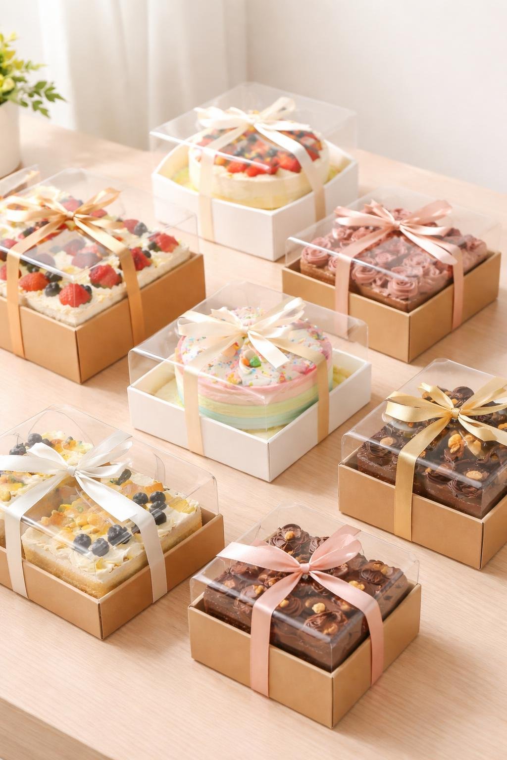 Several cake boxes with clear lids displaying colorful decorated cakes arranged on a wooden surface.