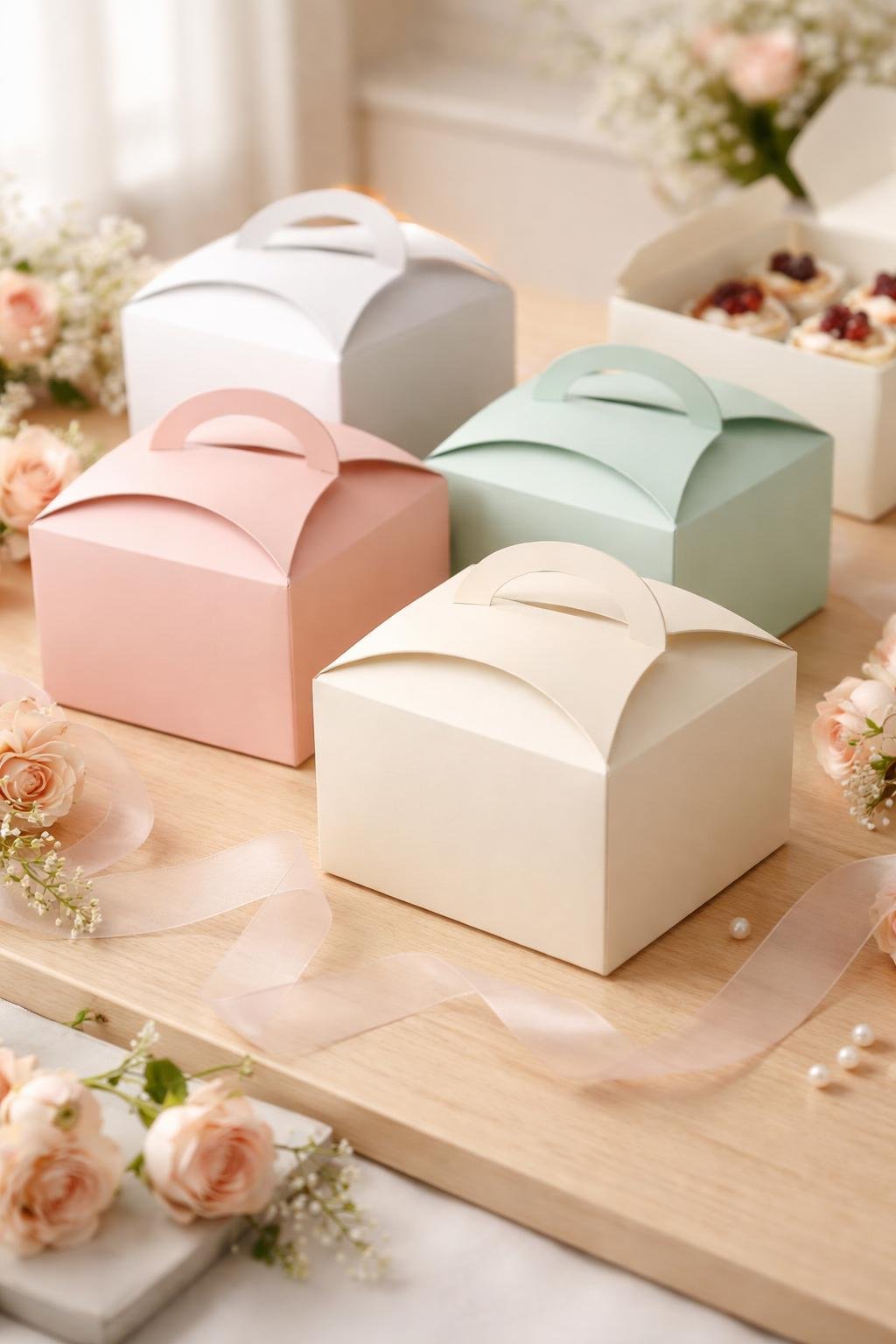 A collection of curved-top cake boxes with built-in handles arranged on a wooden surface, accompanied by flowers and ribbons.