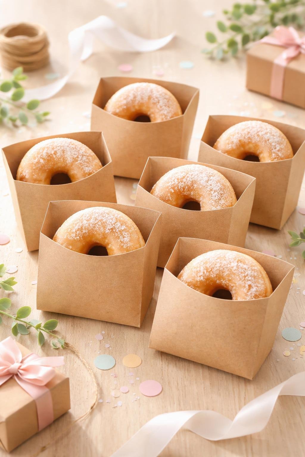 Single kraft cardstock sleeves each holding a glazed donut arranged on a wooden surface with party decorations nearby.