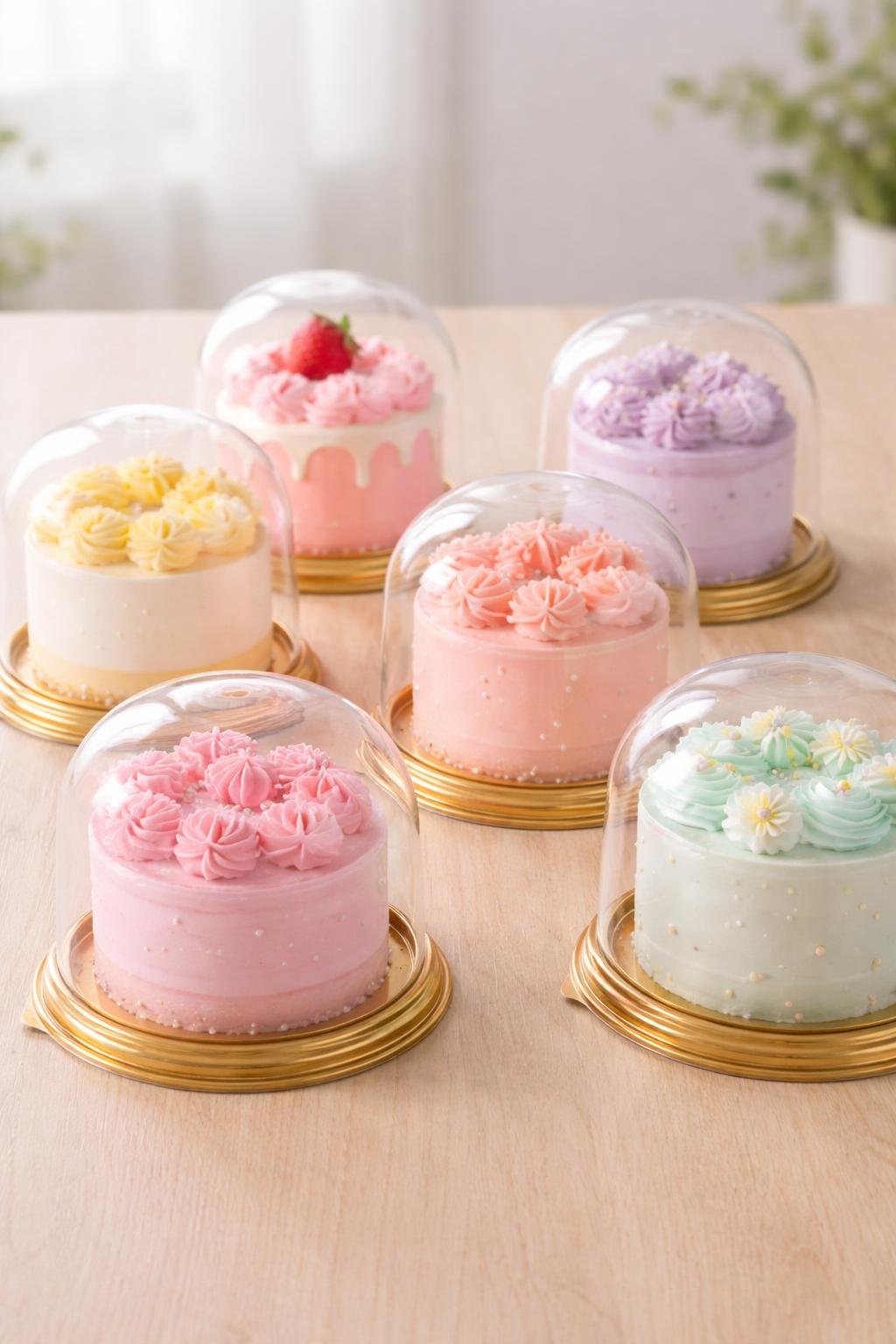 Miniature single-serve cakes inside clear domes arranged on a wooden surface.