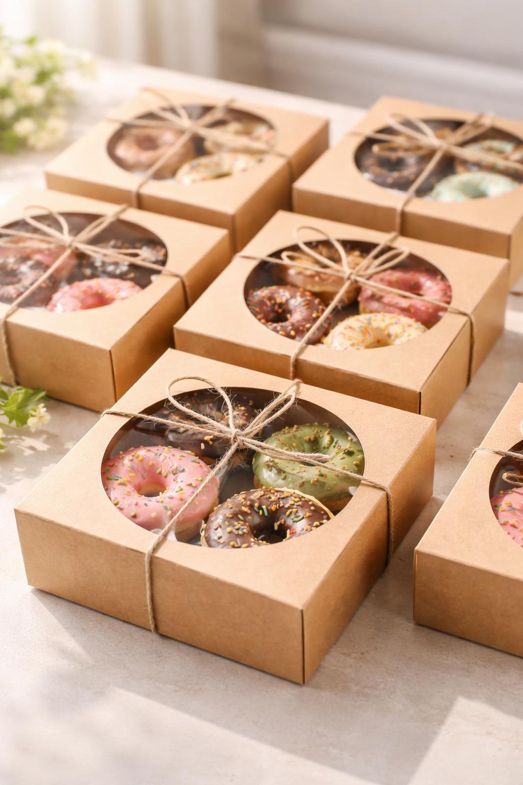 Several round-window donut gift boxes displaying colorful decorated donuts inside, arranged on a light surface.