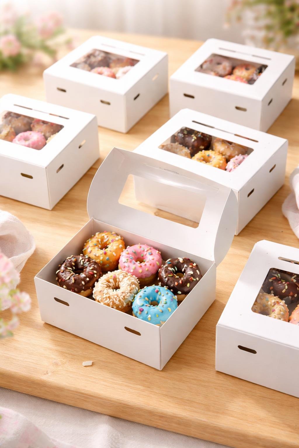 Several white mini donut boxes with ventilation slots, each holding colorful mini donuts, arranged on a wooden surface.