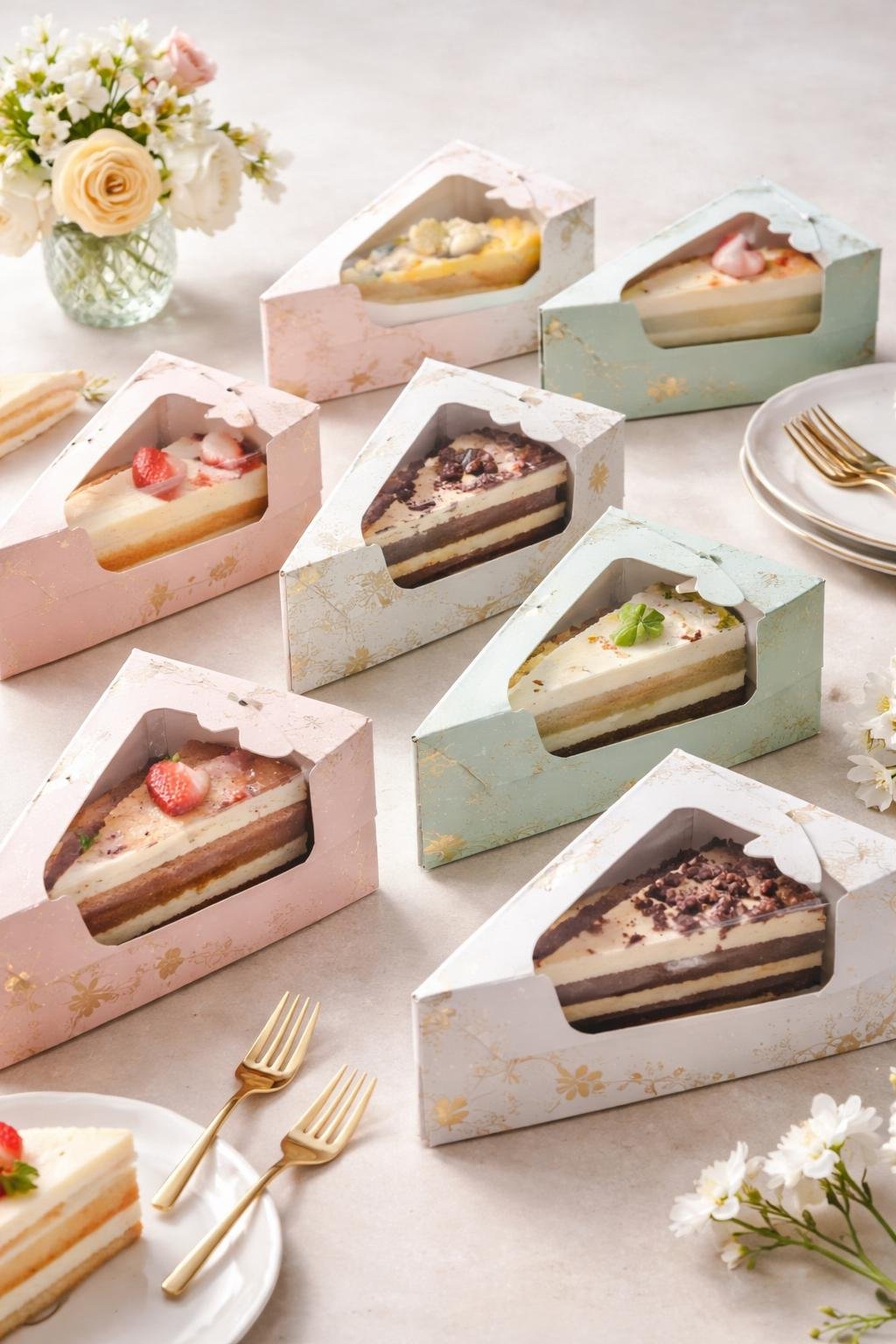 Several custom cake slice boxes arranged on a table, each containing a decorated slice of cake.