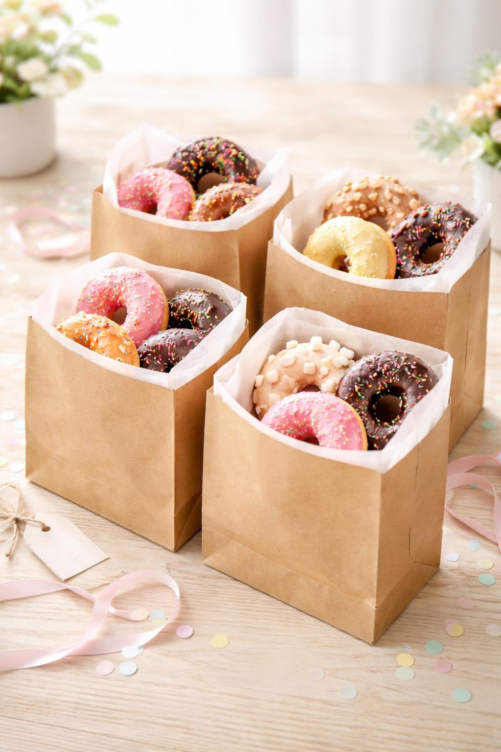 Flat-bottom bakery bags filled with assorted donuts on a wooden surface, surrounded by party decorations.