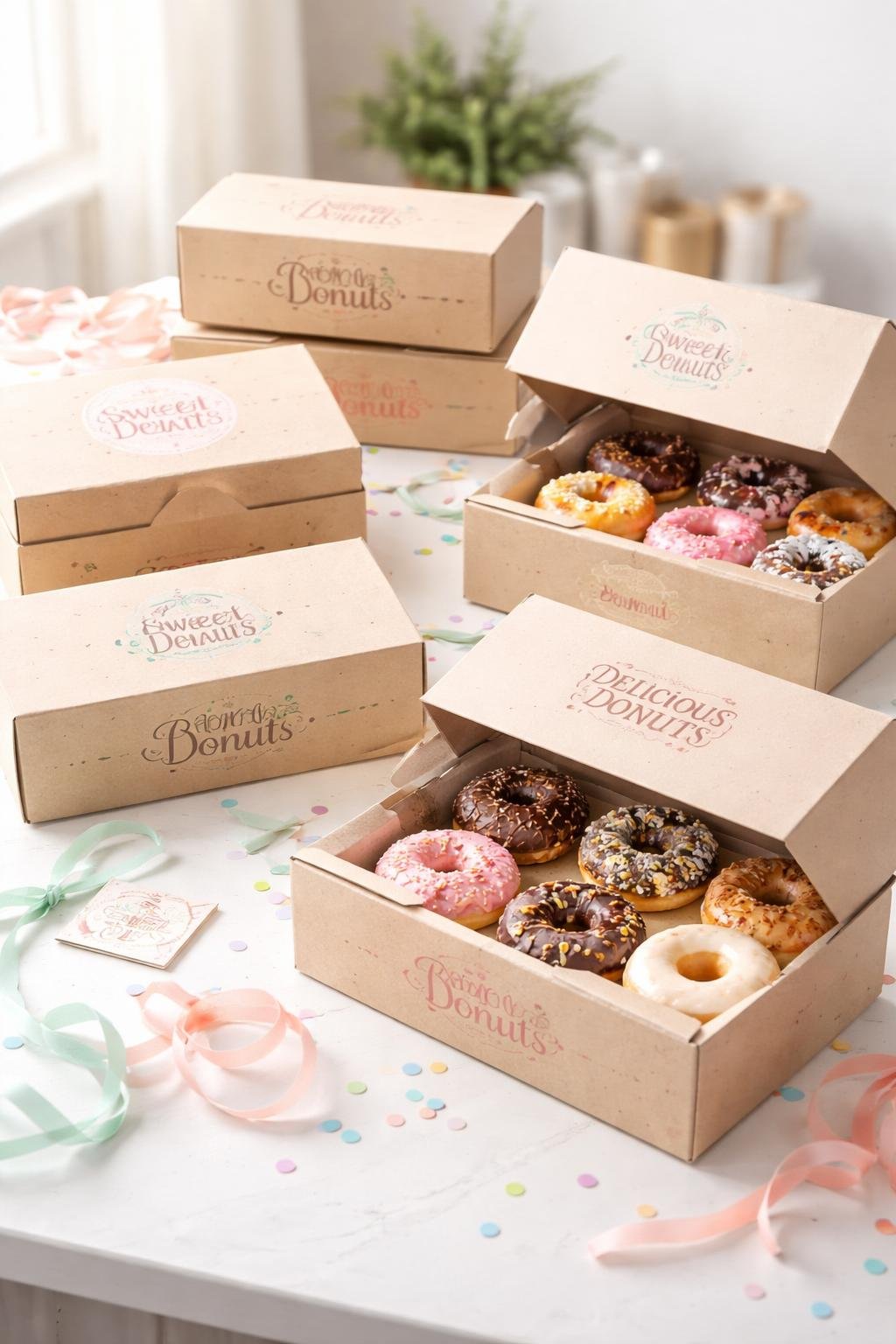 Several open and closed donut boxes with logos, filled with assorted donuts, arranged on a table with party decorations.