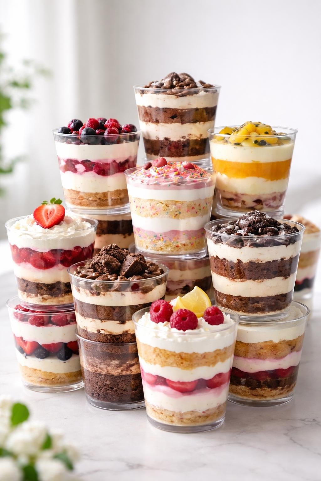 Stacked clear dessert cups filled with layered cakes and trifles arranged on a bright surface.