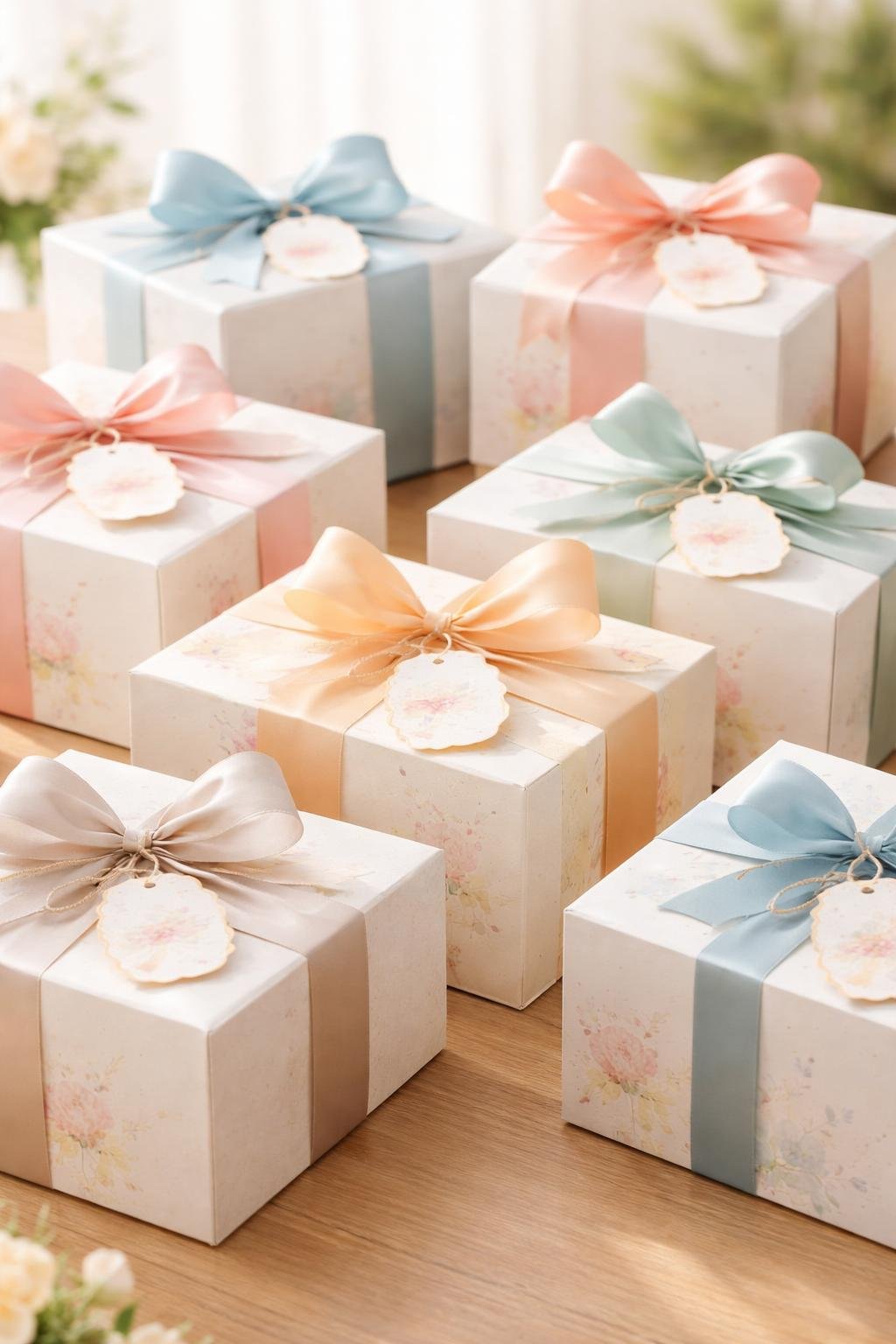 A collection of personalized cake boxes decorated with ribbons and hang tags arranged on a wooden surface.