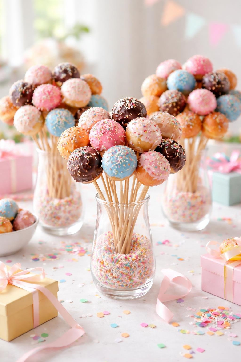 Glass vases filled with colorful donut holes on wooden skewers arranged like bouquets on a table with party decorations.