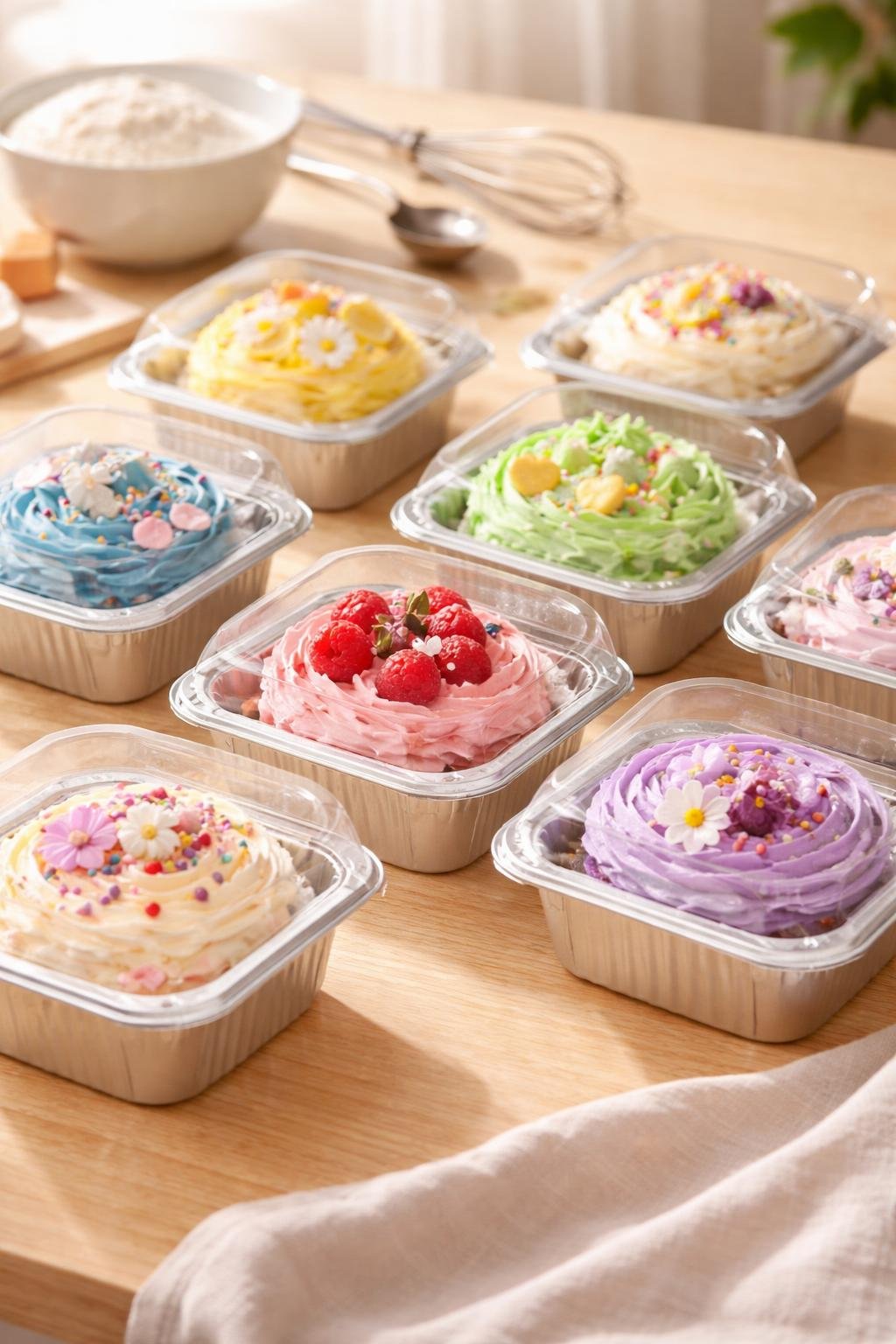 Mini aluminum cake pans with clear lids containing decorated small cakes arranged on a wooden surface with baking tools in the background.