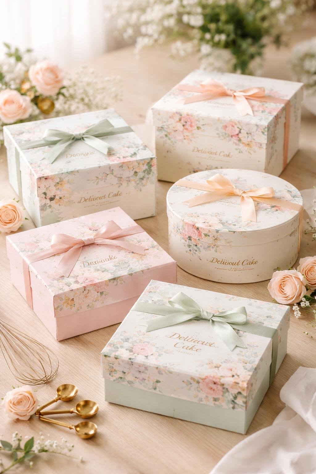 Several vintage floral cake boxes arranged on a wooden surface with flowers and baking tools around them.