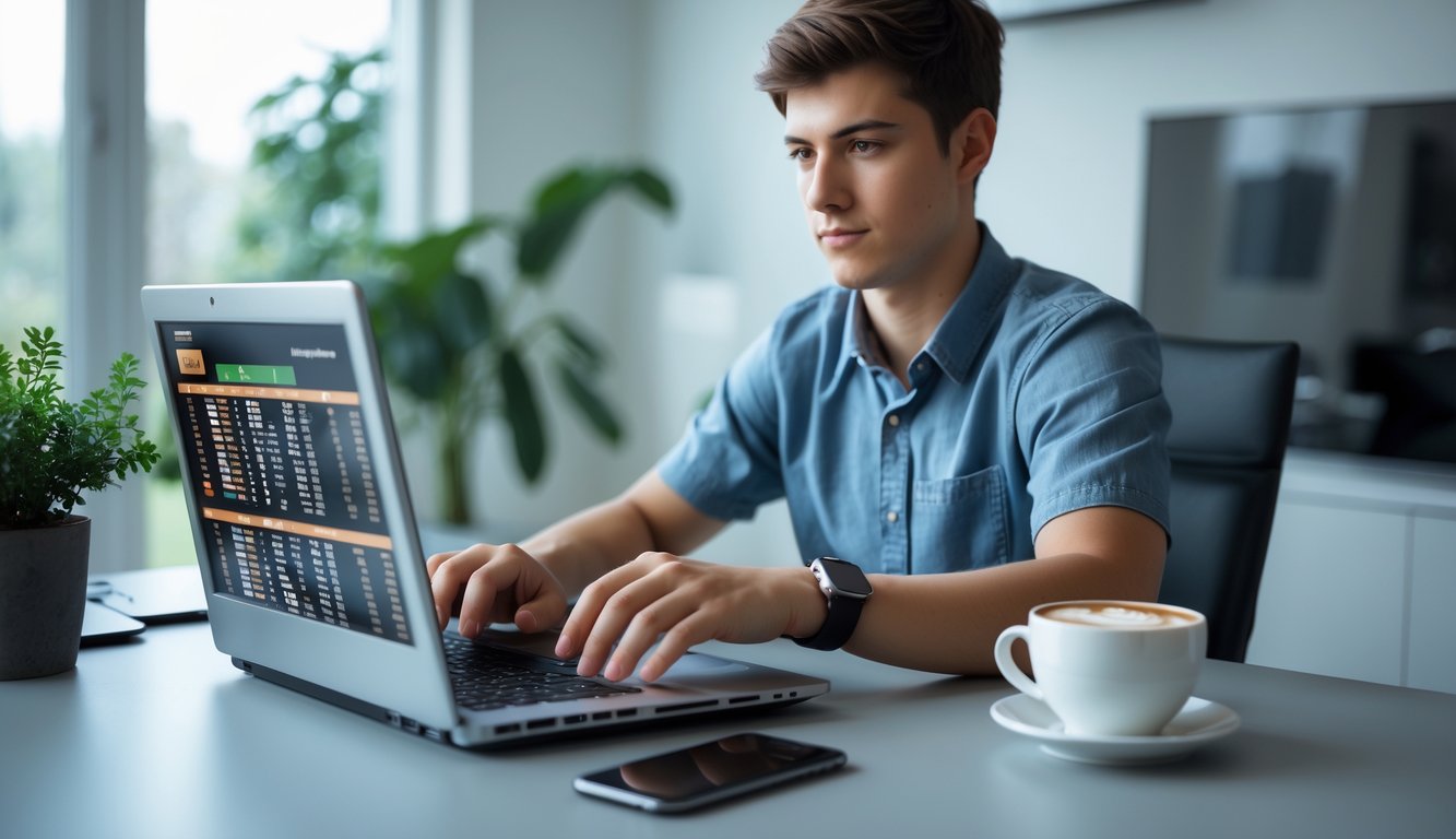 Seseorang menggunakan laptop di ruang kerja modern dengan latar belakang alami, menunjukkan aktivitas judi kuda online yang aman dan terpercaya.