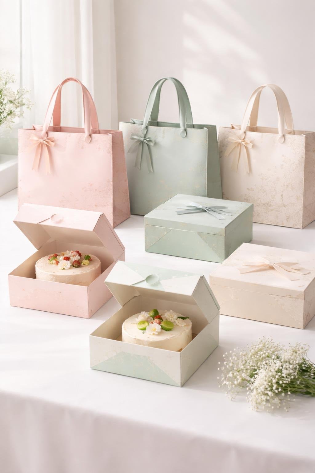 A collection of cake packaging boxes with matching tote bags arranged together on a white surface, showcasing coordinated designs and colors.