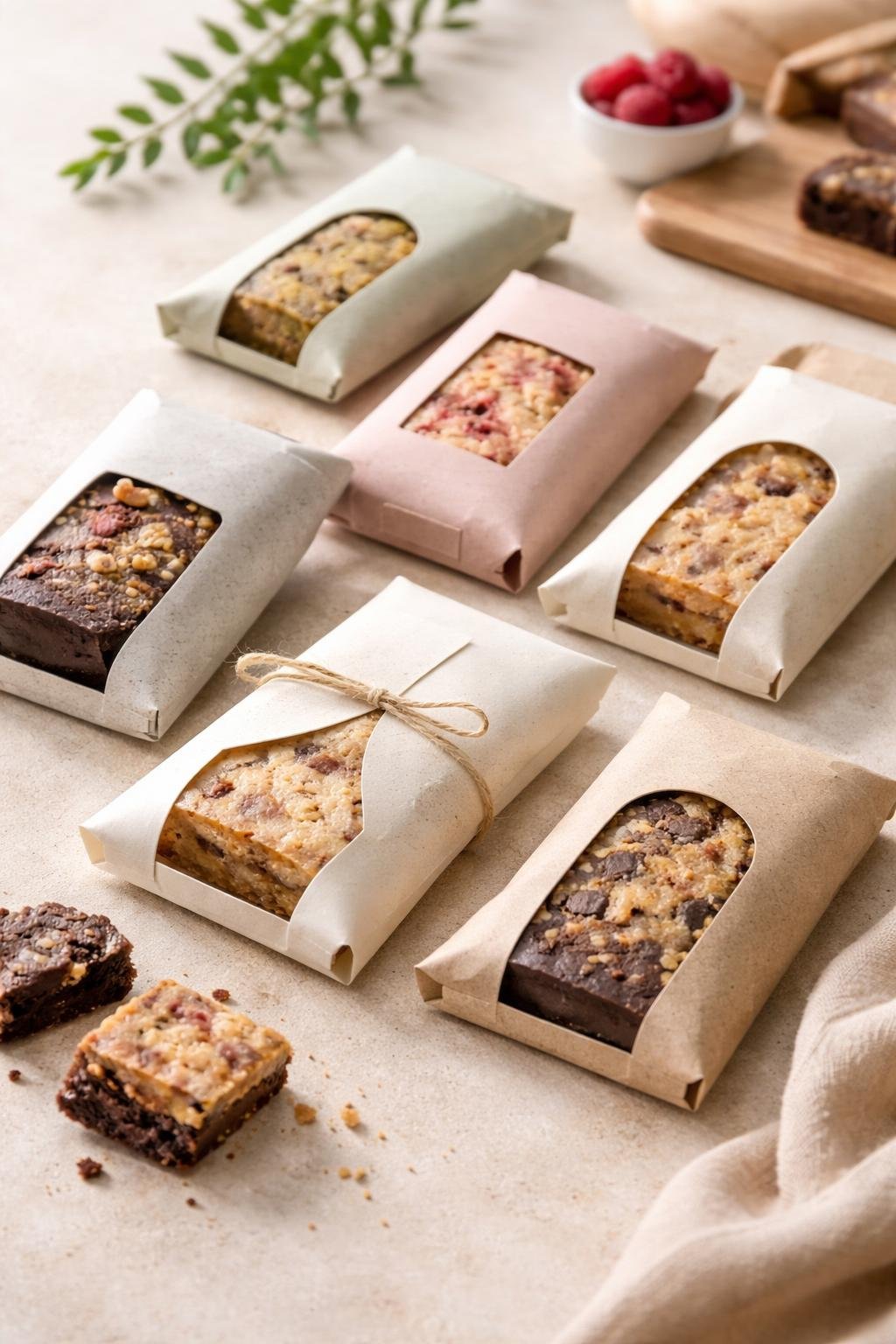 An assortment of cake bars and brownies packaged in various paper pouches and sleeves arranged on a clean surface.