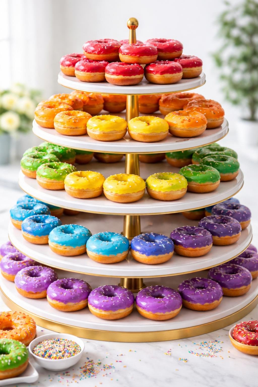 A tiered display stand holding colorful donuts arranged in a rainbow pattern.