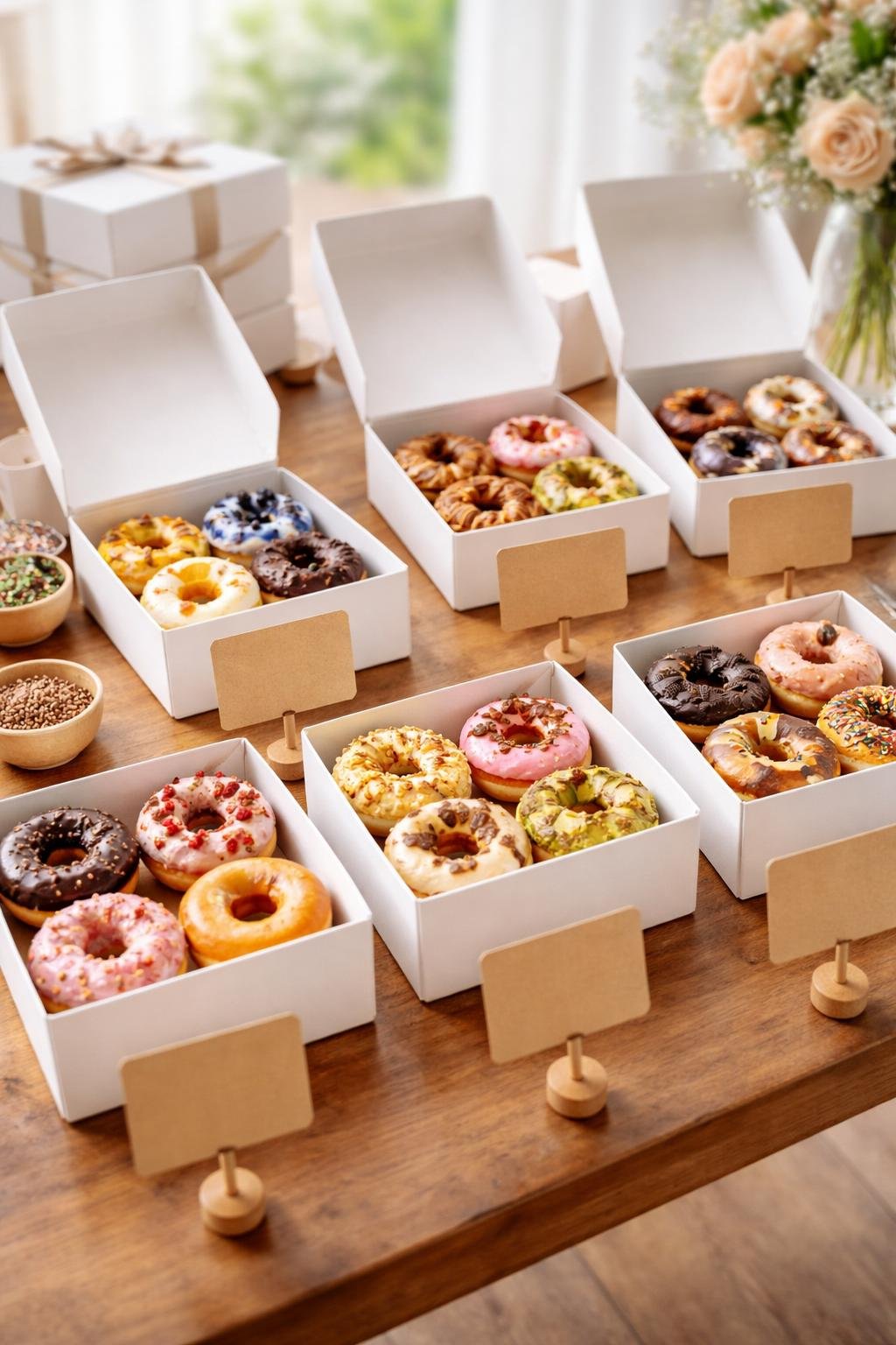 An assortment of open boxes filled with colorful donuts displayed on a table with small flavor tags in front of each box.