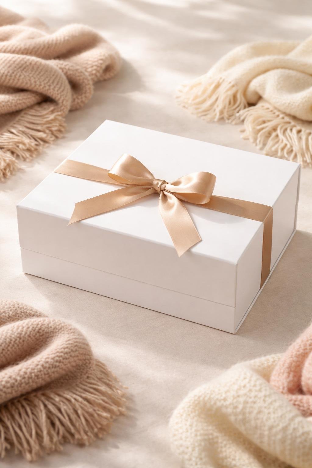 A rigid box with a satin ribbon surrounded by folded cozy scarves on a soft surface.