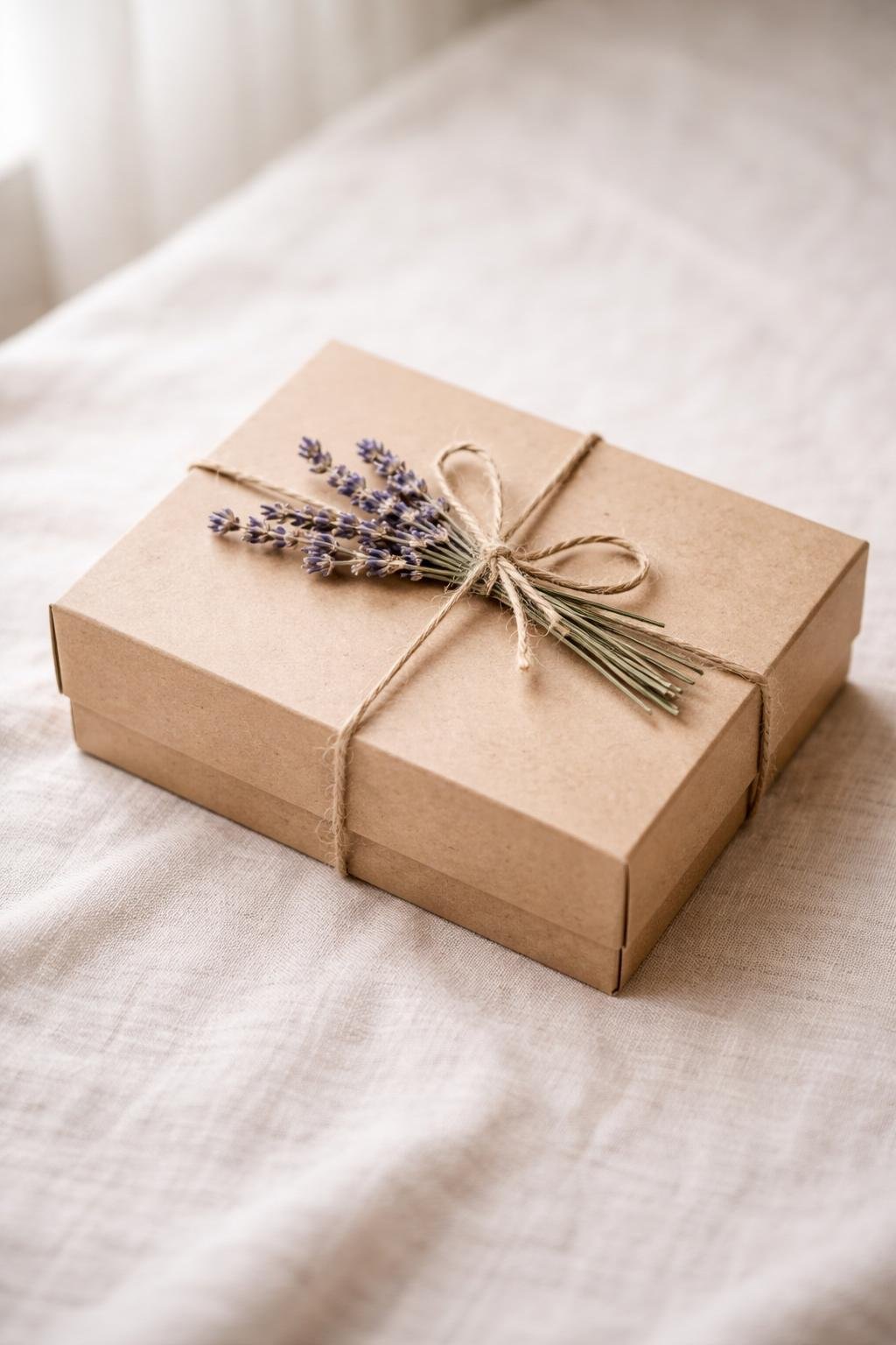 A kraft paper box tied with jute twine and decorated with dried lavender sprigs.
