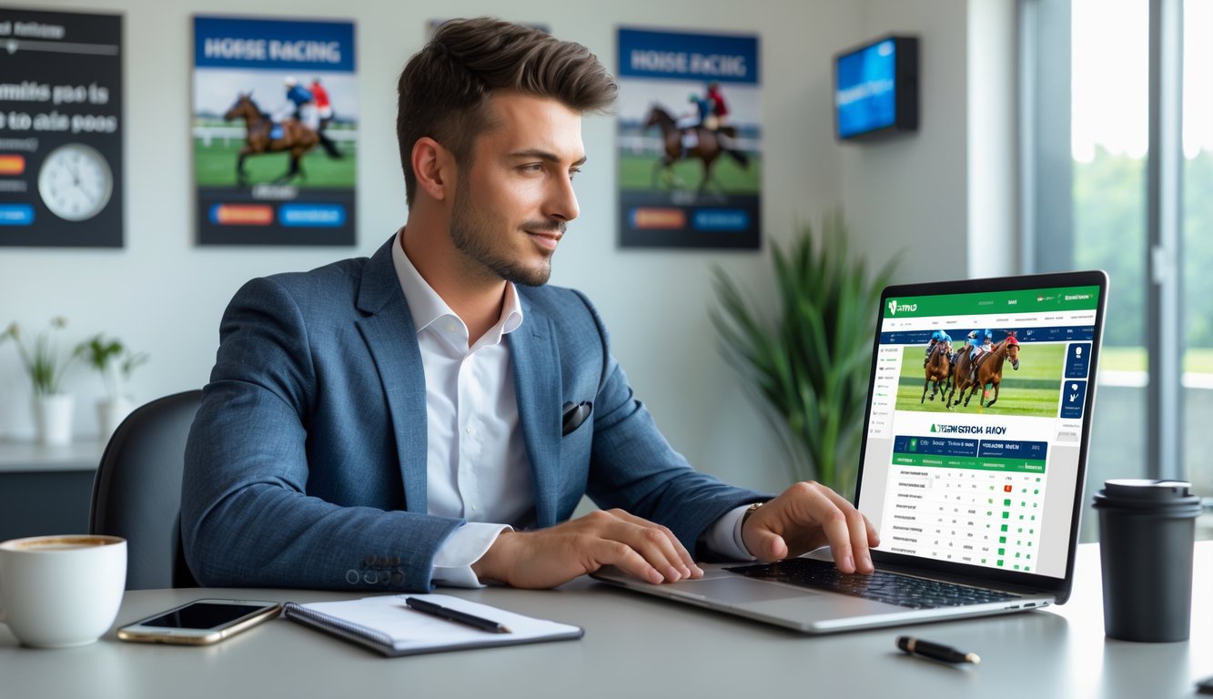 Seorang pria muda duduk di meja dengan laptop dan ponsel, fokus pada layar yang menampilkan situs judi kuda online, dengan suasana ruangan yang rapi dan terang.