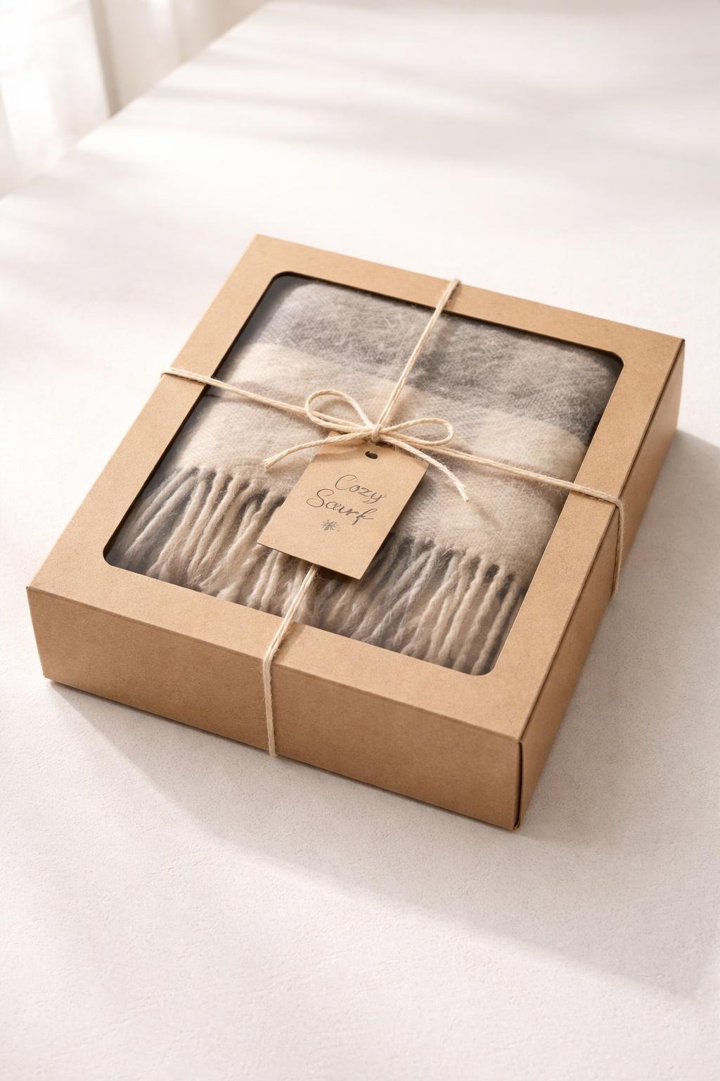 A scarf neatly folded inside a rectangular box with a clear window on top, placed on a white surface.