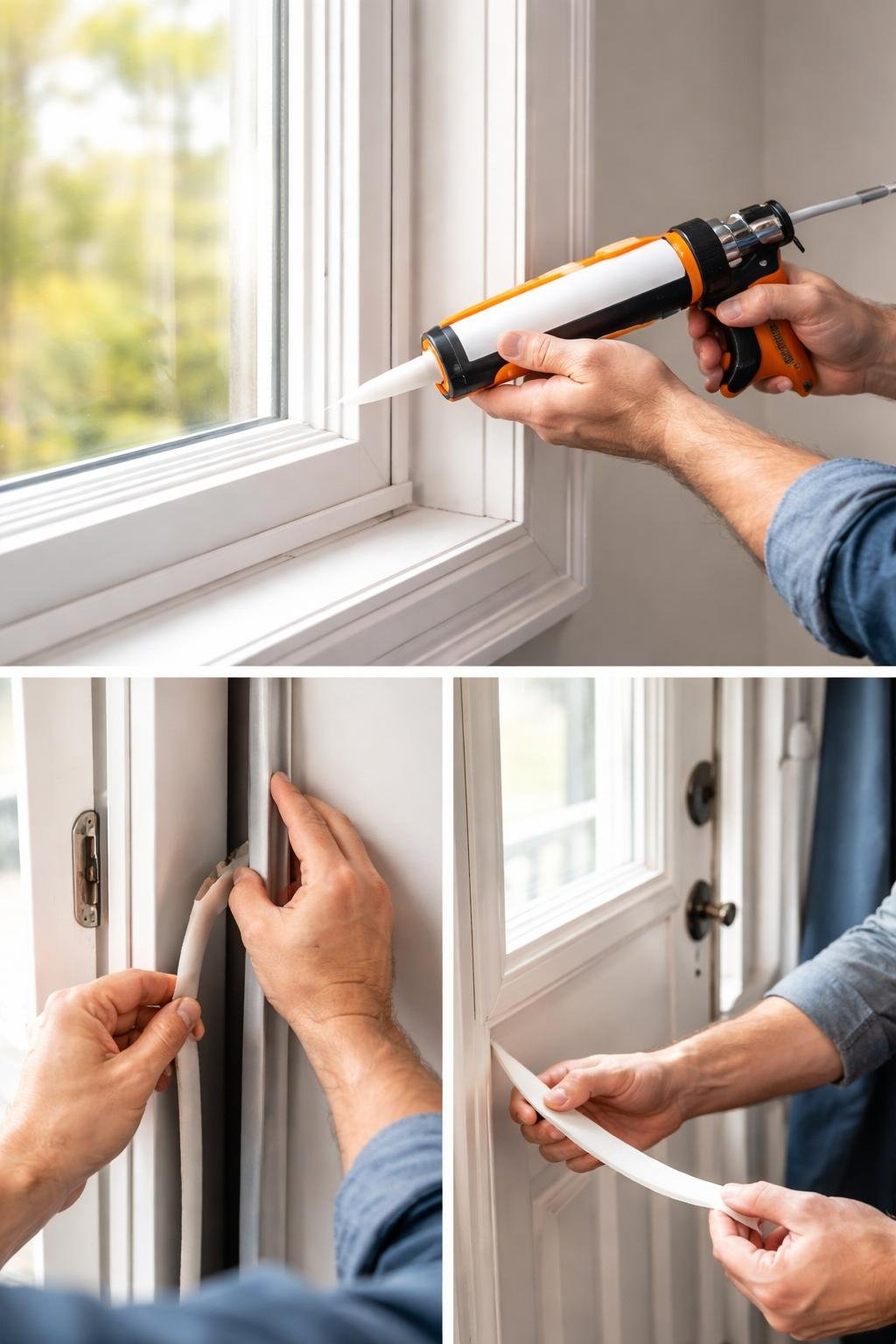 Person sealing a window and door to prevent leaks inside a bright home.
