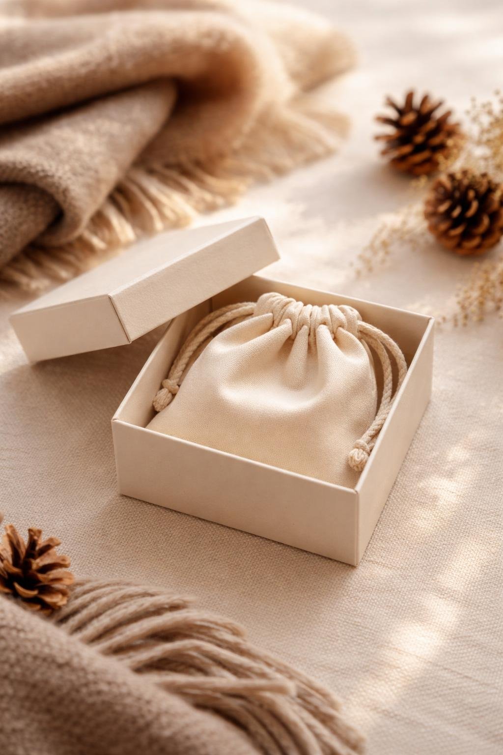 Mini gift box open with a cotton drawstring dust bag inside, surrounded by folded scarves and pine cones on a neutral background.