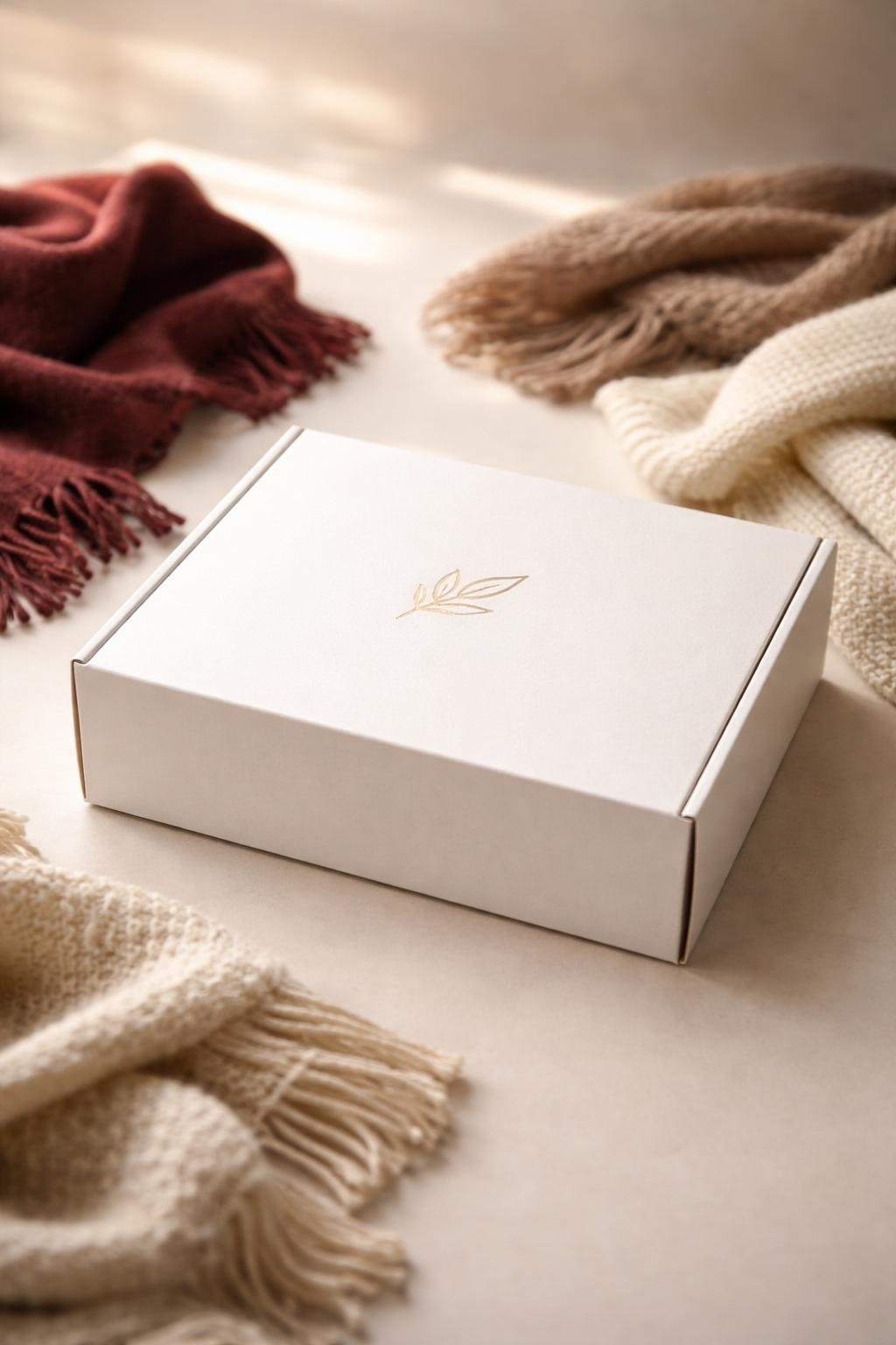 A white mailer box with a gold logo surrounded by cozy scarves in warm colors on a neutral surface.