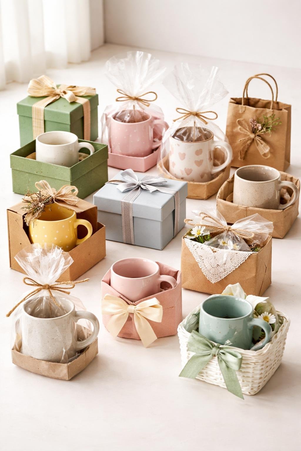 A collection of twelve mugs each uniquely wrapped or packaged as gifts, arranged on a clean surface.